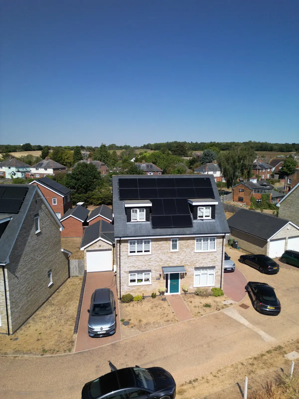 Aerial view of a designed residential solar array